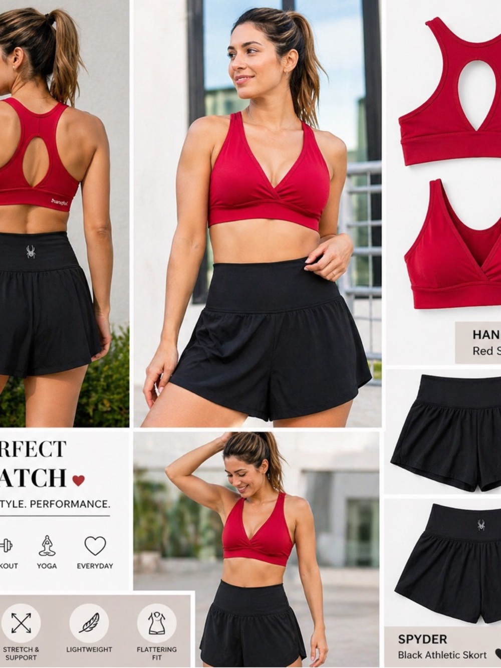 Handful Red Sports Bra 

 V-Neck Racerback Keyhole Back Athletic Top